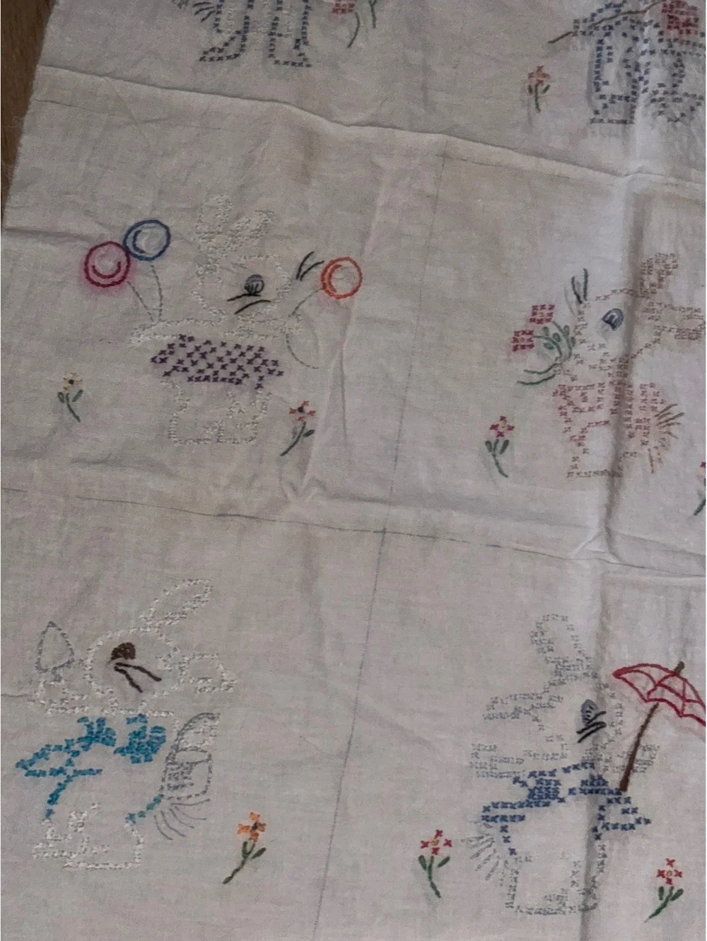 Vintage Hand Embroidered Bunny Baby Quilt Top Unfinished D75